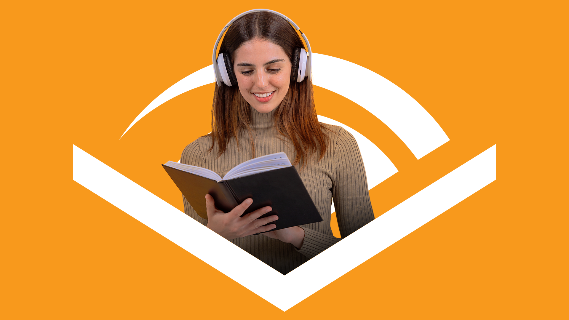 A woman wearing headphones while reading a book, inside the Audible logo on an orange background.