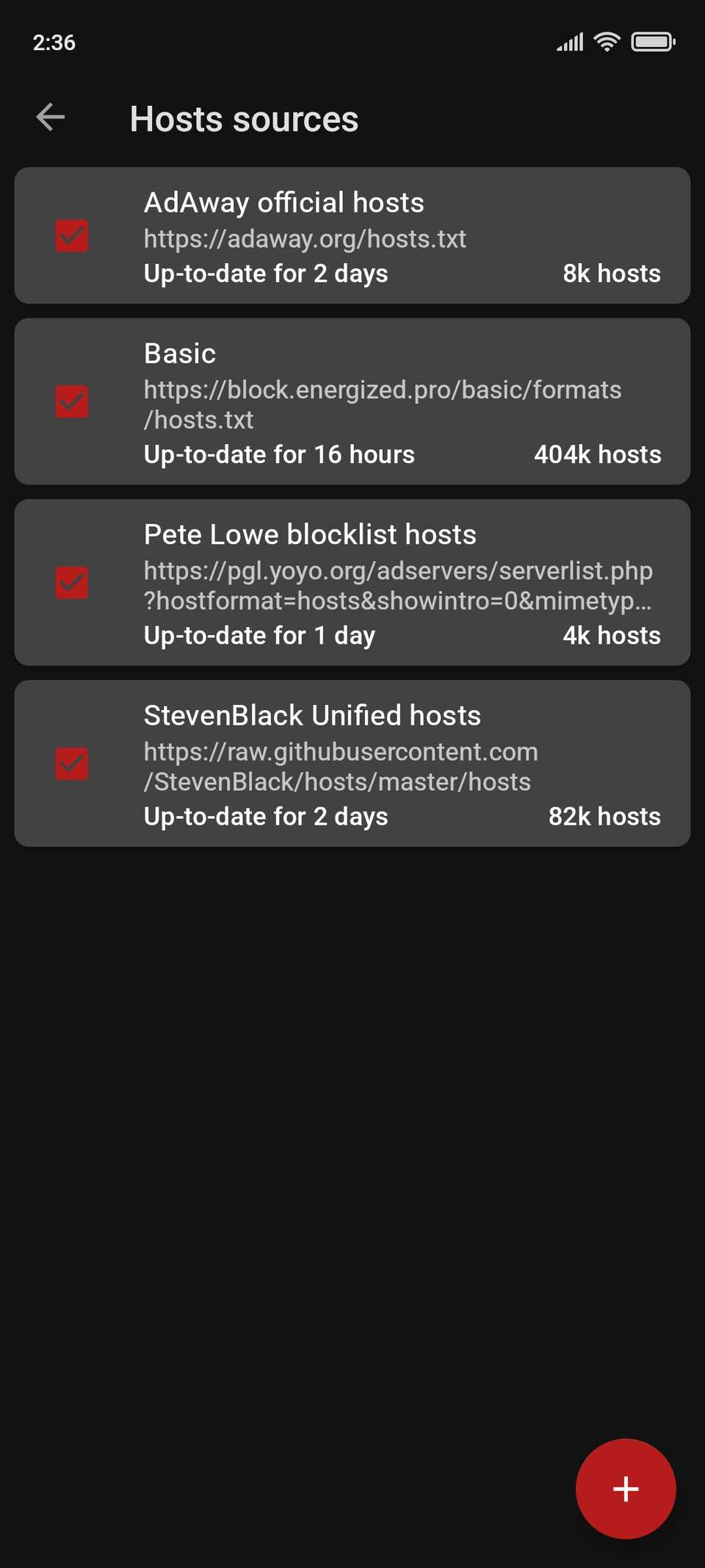 Screenshot che mostra la pagina delle origini degli host di AdAway