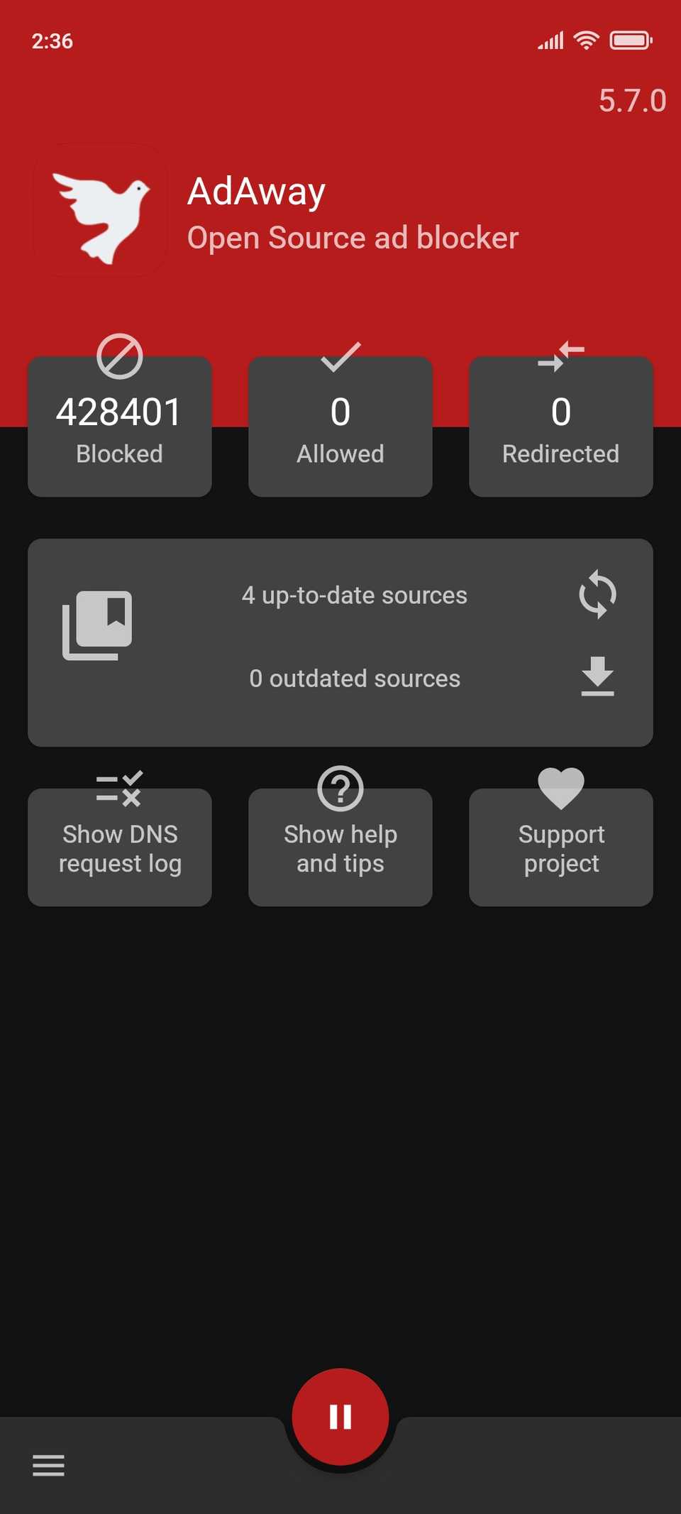 Screenshot che mostra l'app AdAway