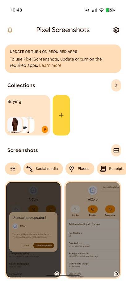 Avviso AICore negli screenshot pixel