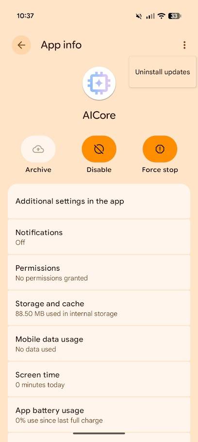 pagina delle informazioni sull'app nell'app Impostazioni