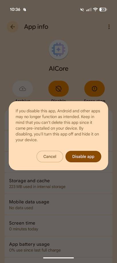 finestra pop-up nel prompt di disinstallazione delle app