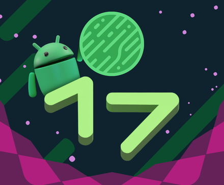 Gráfico do Android 17 apresentando o mascote do Android atrás do número 17 segurando uma esfera verde estampada.