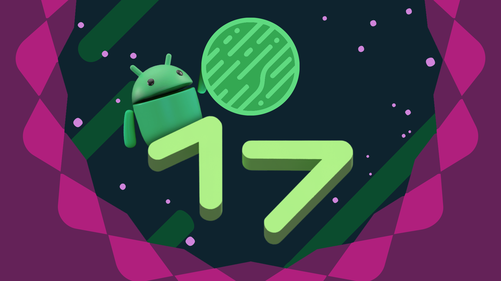 Gráfico do Android 17 apresentando o mascote do Android atrás do número 17 segurando uma esfera verde estampada.