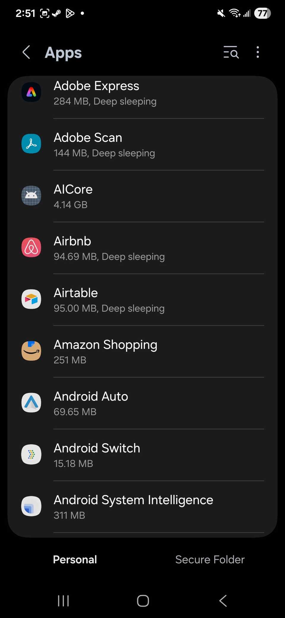 Un elenco di app nelle impostazioni delle app su un Samsung Galaxy
