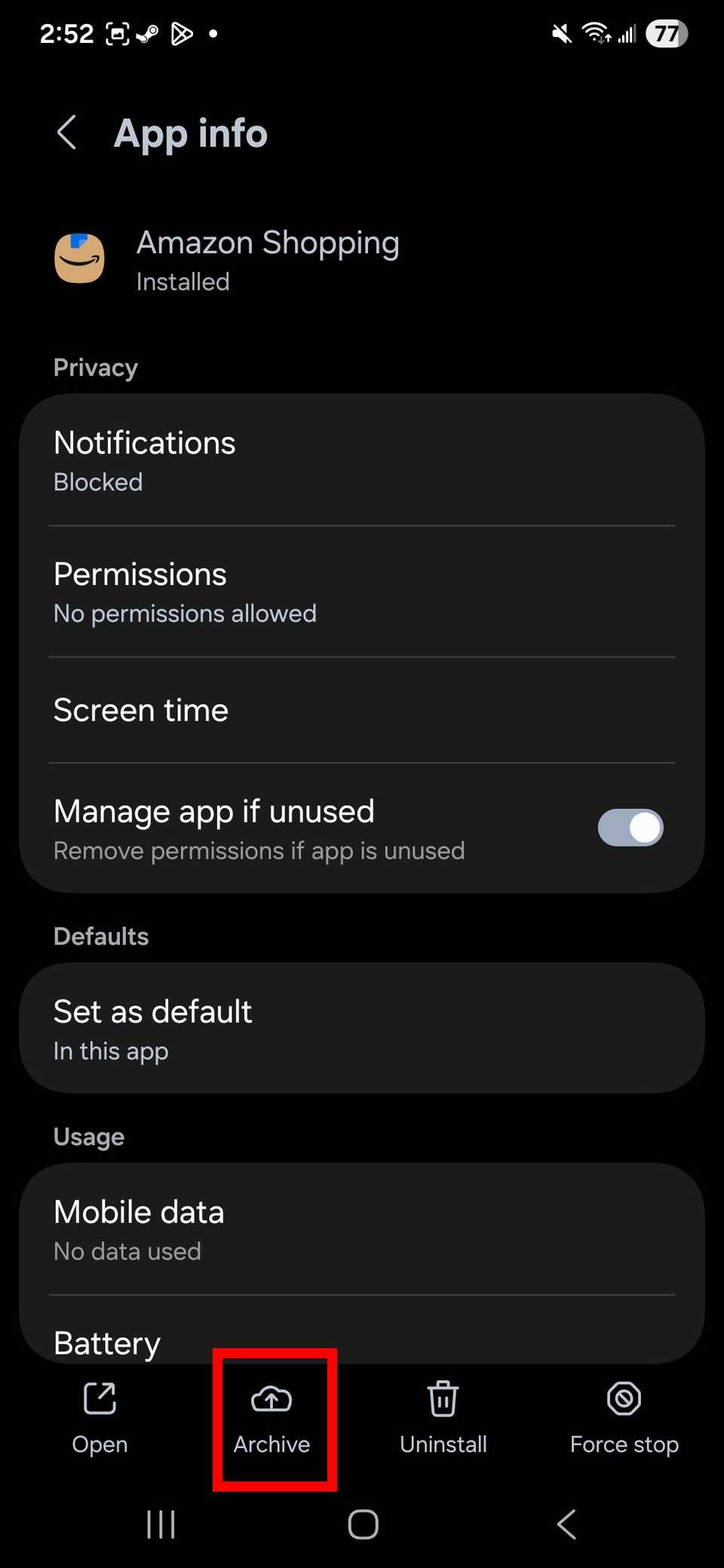 Contorno rettangolare rosso che evidenzia l'opzione Archivio sotto la pagina Informazioni app su un Samsung Galaxy