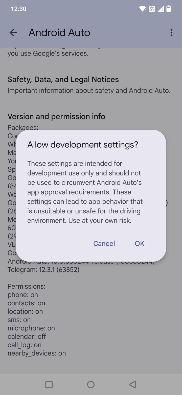 Screenshot showing the developer setings dialog box in Android Auto
