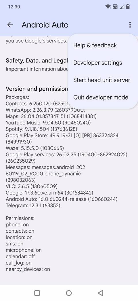 Screenshot che mostra l'opzione Impostazioni sviluppatore in Android Auto