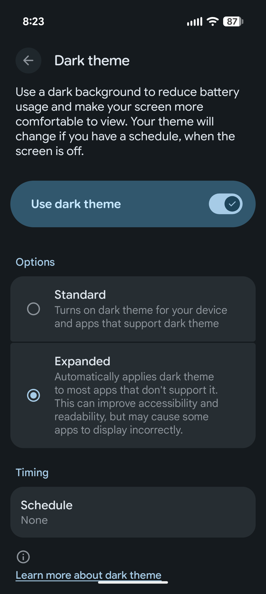 The Dark theme interface in Android 16