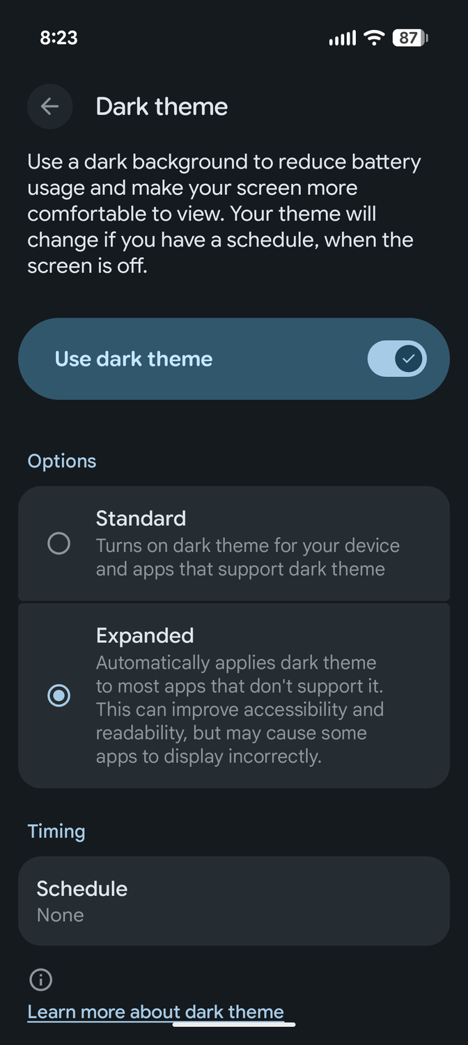 The Dark theme interface in Android 16