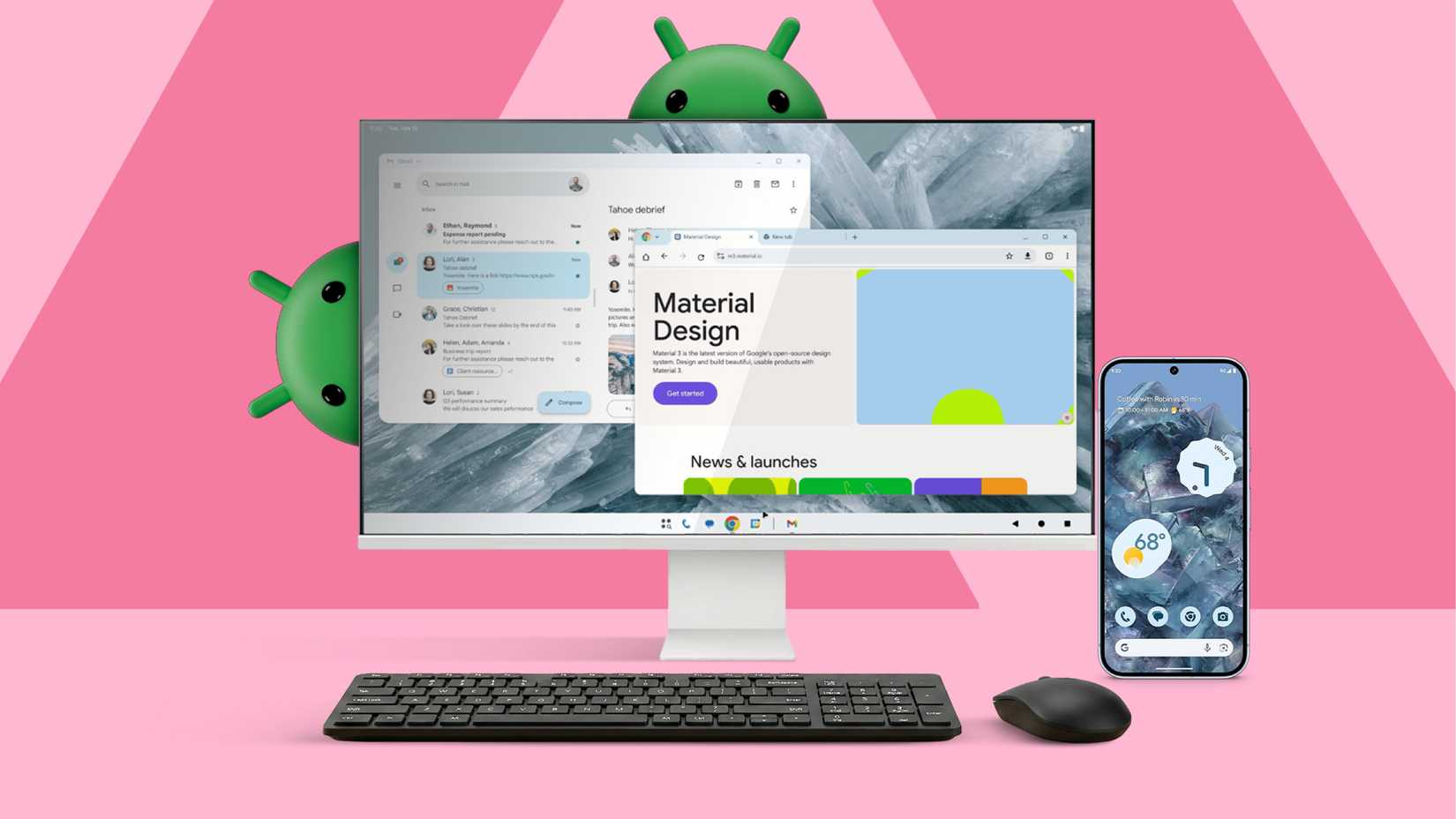 Tela exibindo uma interface de desktop do Android com um Google Pixel próximo a ele e alguns mascotes do Android em segundo plano