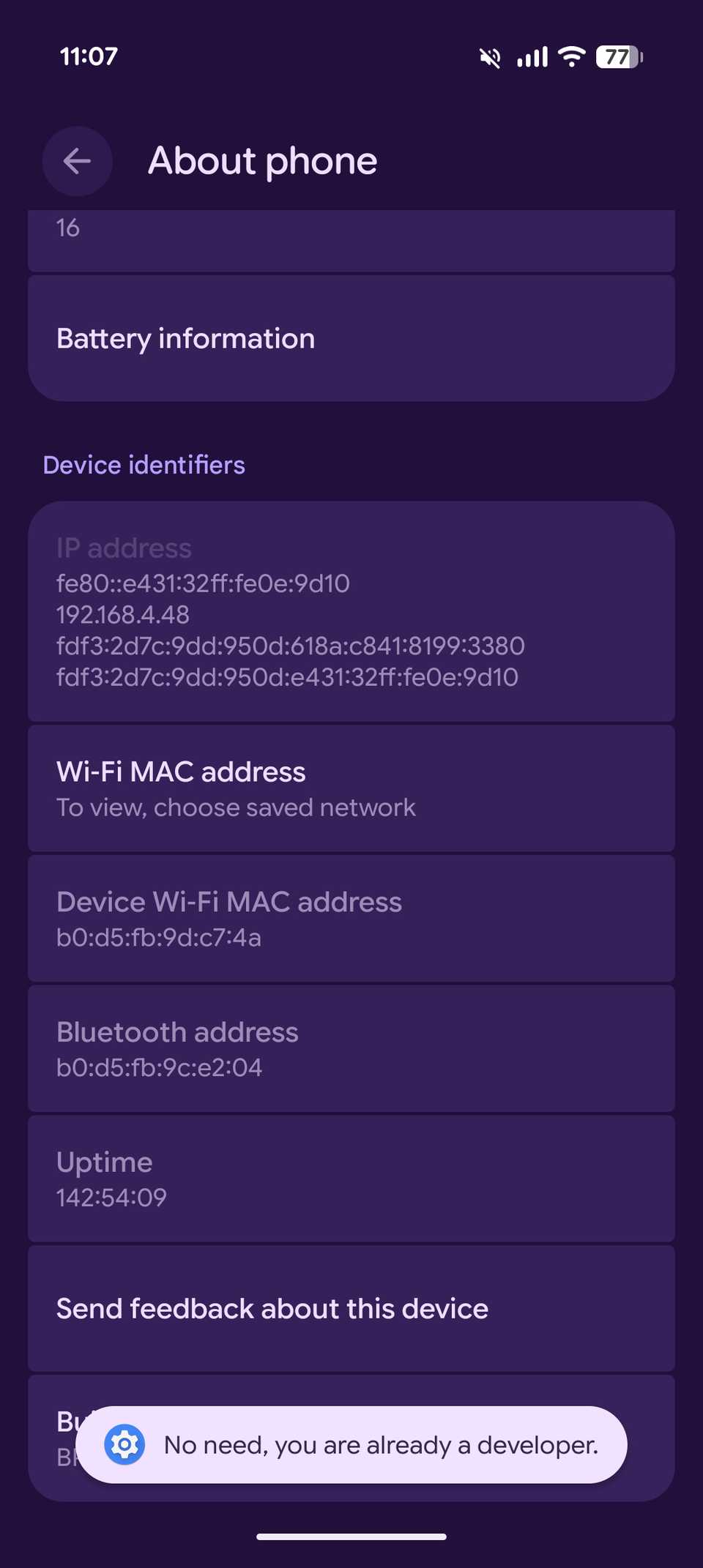 Informazioni sullo schermo del telefono che mostra la versione di Android e gli identificatori del dispositivo