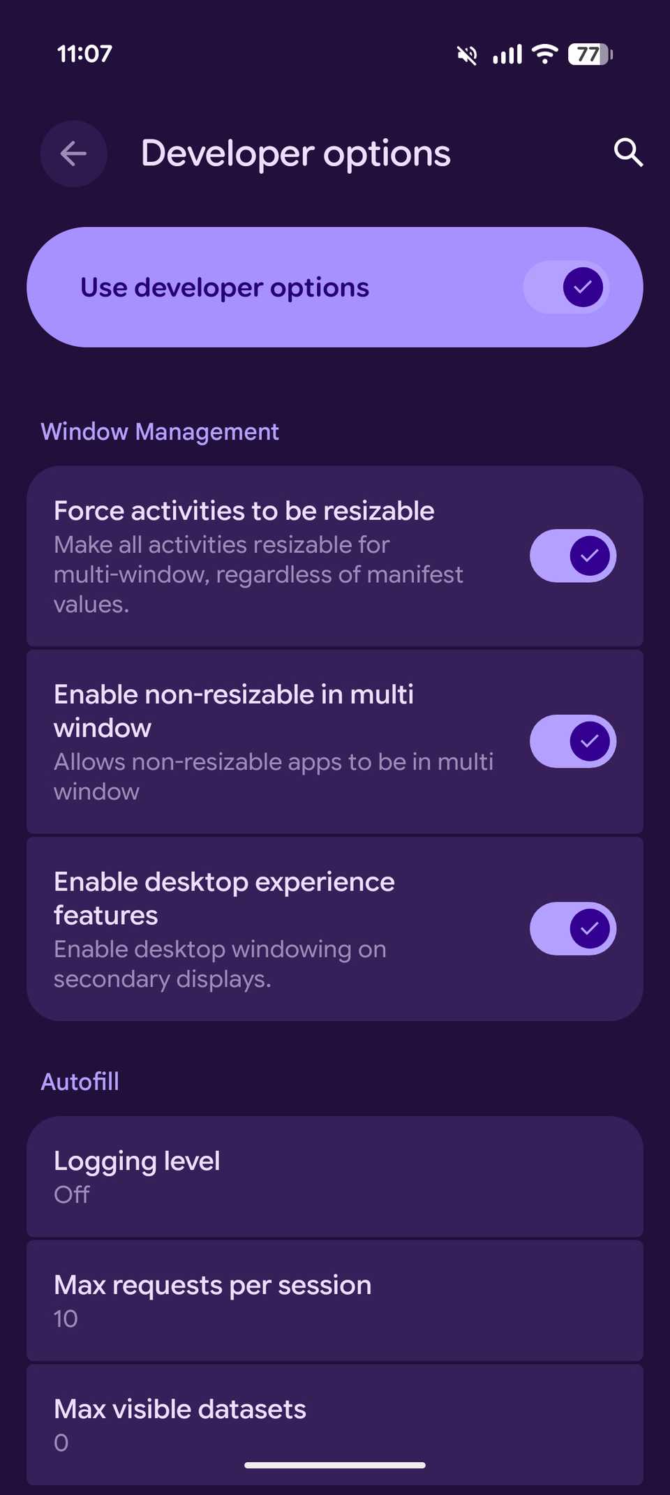 Opzioni sviluppatore abilitate con le funzionalità dell'esperienza desktop attivate
