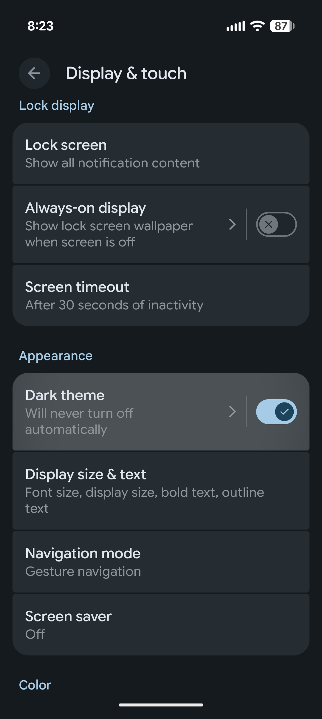 The display and touch menu in Android 16 with Dark theme highlighted