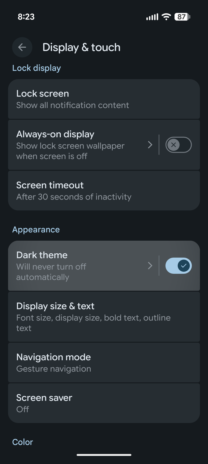 The display and touch menu in Android 16 with Dark theme highlighted