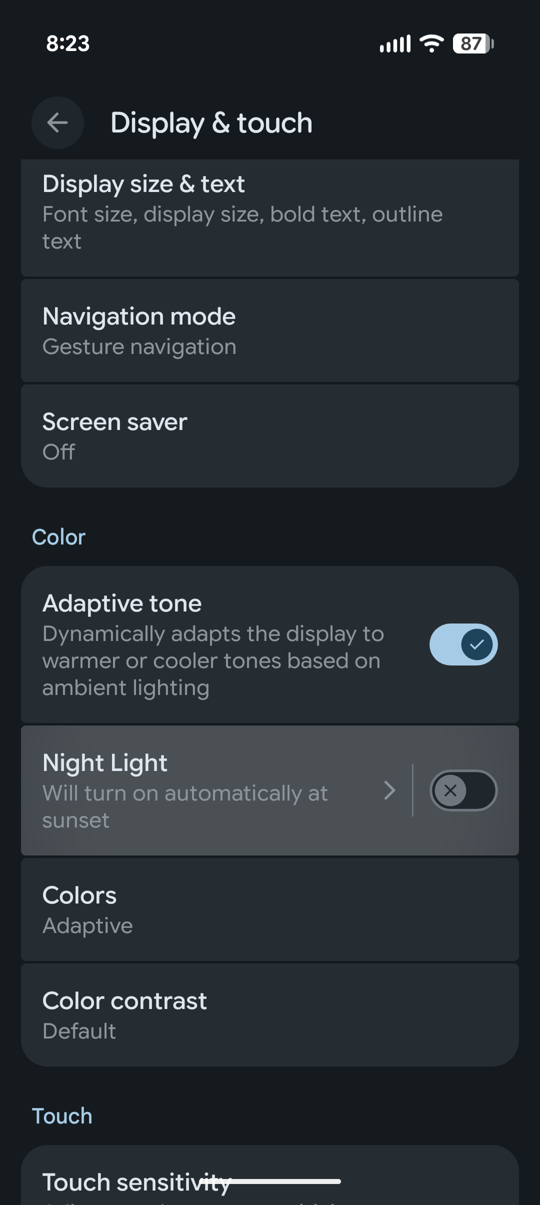 The Display and touch menu in Android 16 with Night Light highlighted