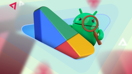 Mascotte Android regardant à travers une loupe derrière un grand logo Google Play Store 3D coloré.
