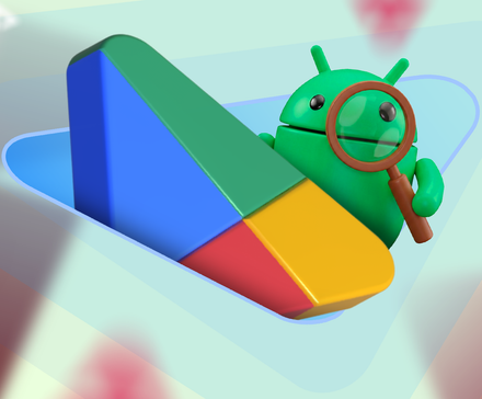 Android mascot peering through a magnifying glass behind a large, colorful 3D Google Play Store logo.