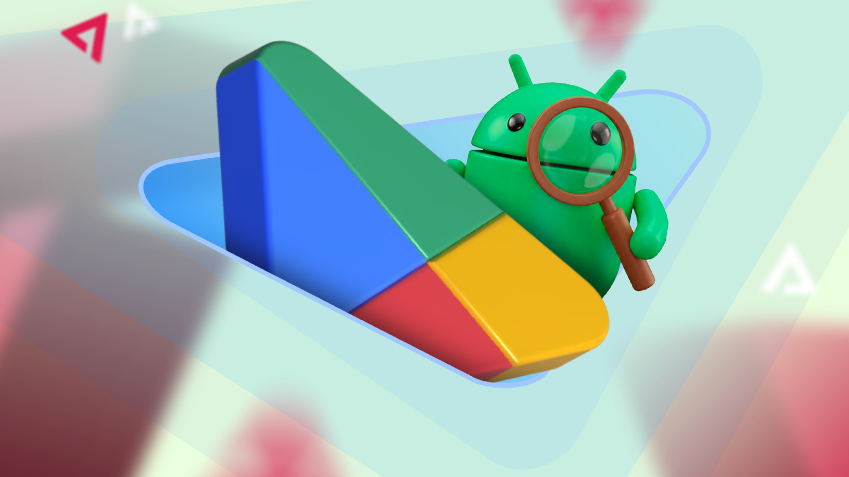 Mascote do Android olhando através de uma lupa atrás de um grande e colorido logotipo 3D da Google Play Store.