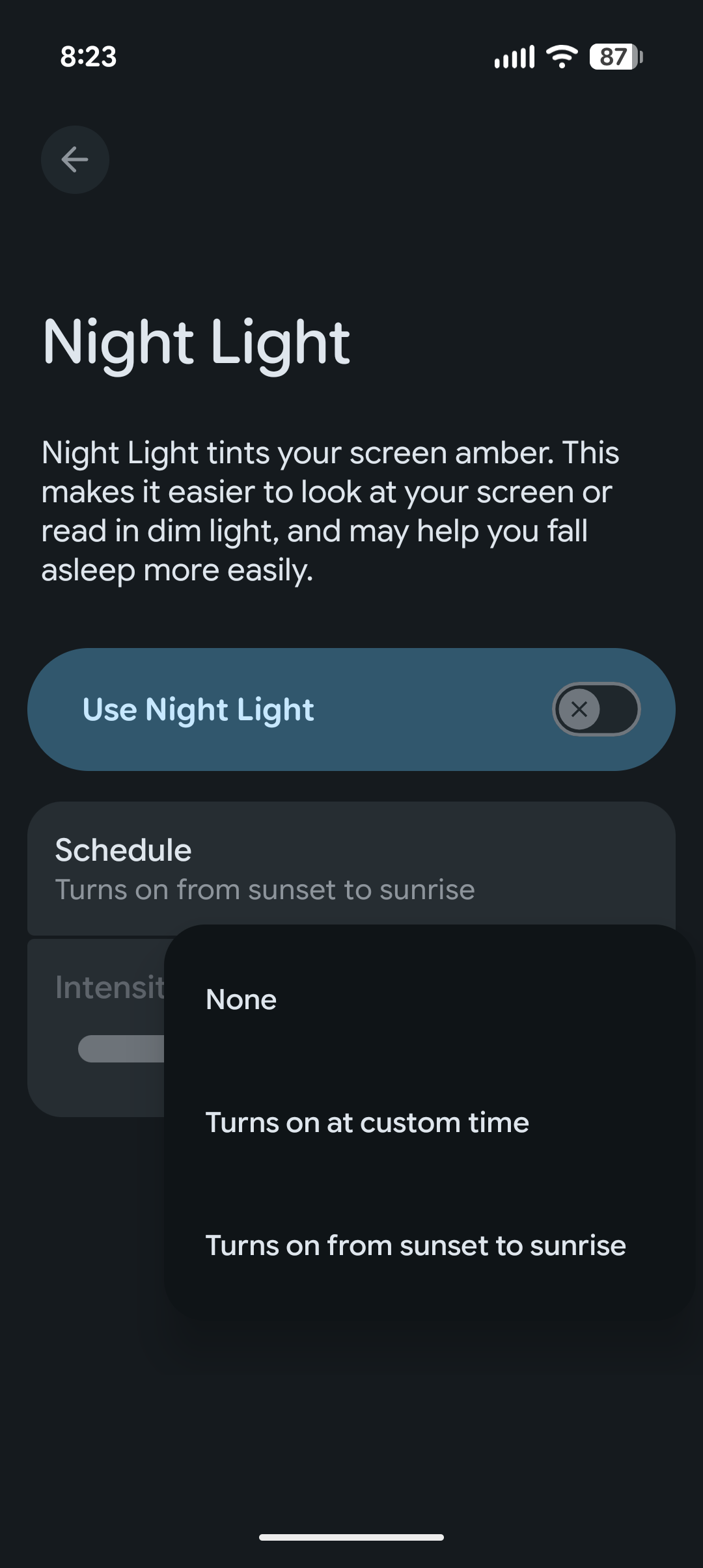 The Night Light setttings page in Android 16 with schedule options open
