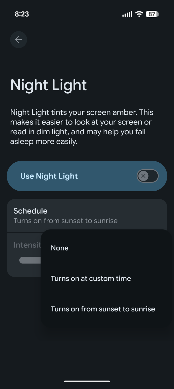 The Night Light setttings page in Android 16 with schedule options open