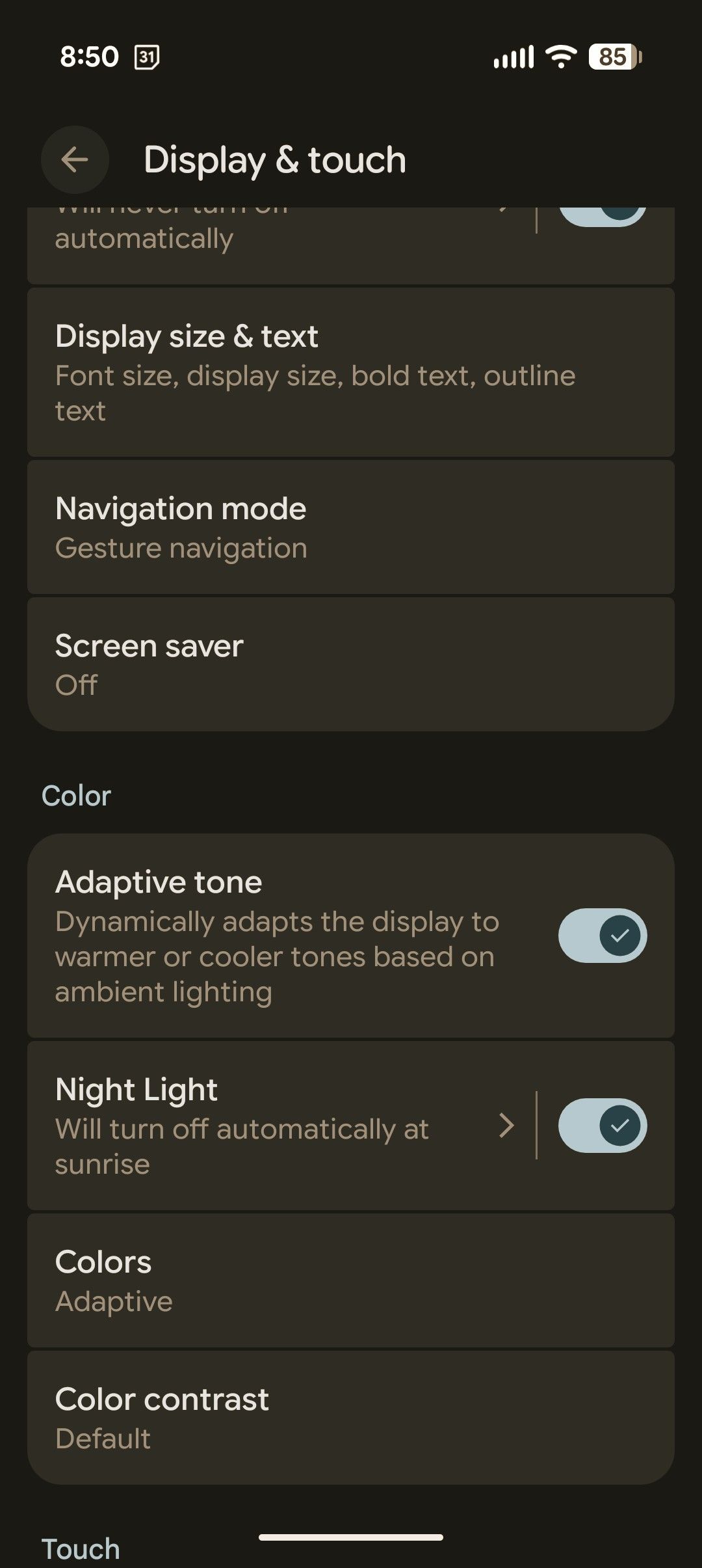 The Display and touch menu with Night Light activated