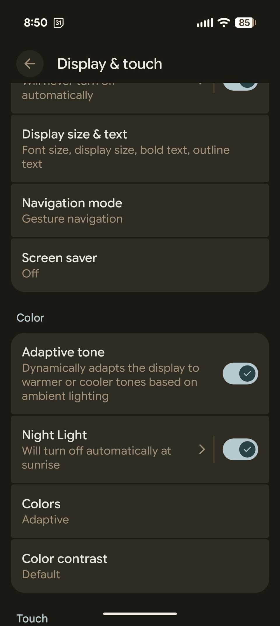 The Display and touch menu with Night Light activated