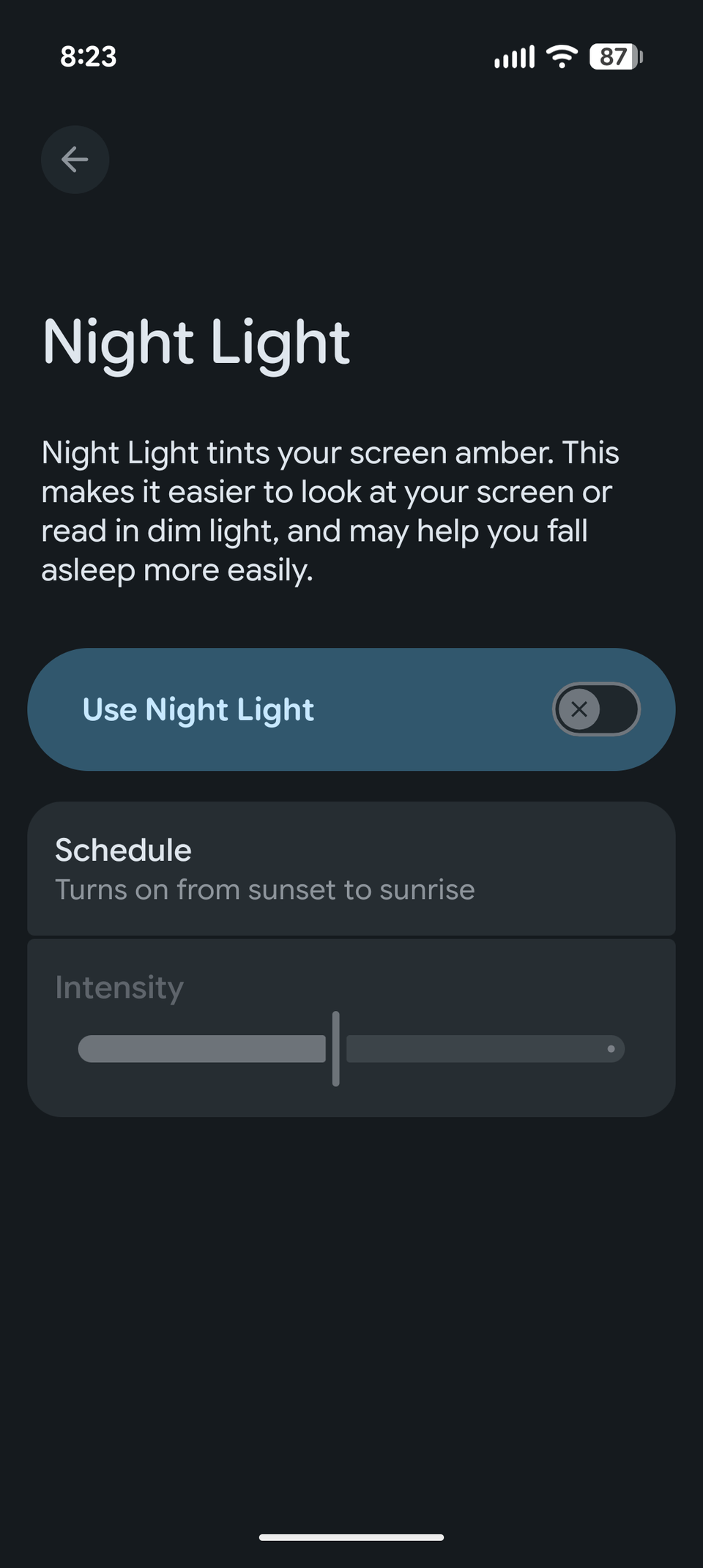 The Night Light setttings page in Android 16