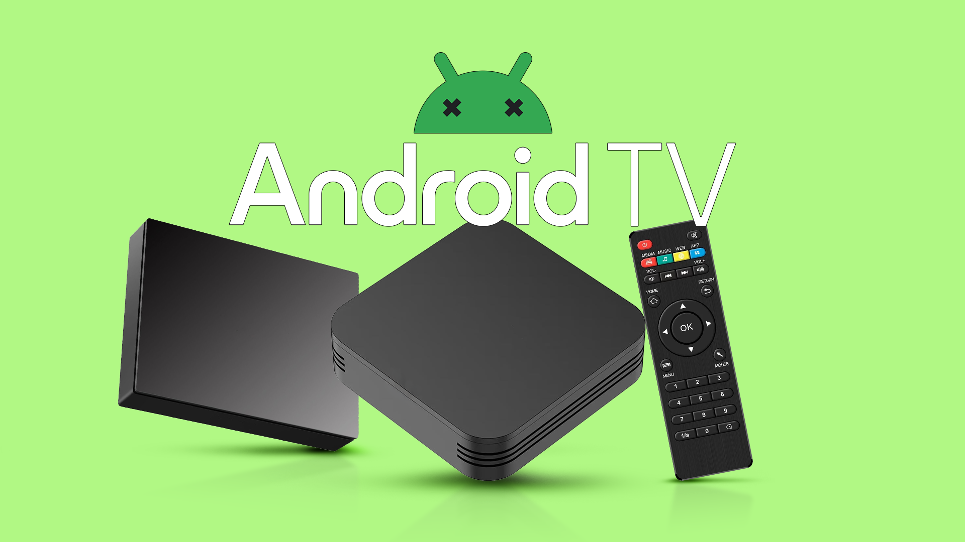 Two black Android TV boxes with a remote, featuring a 'dead' Android mascot icon.