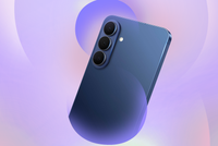 Angled rear view of a blue Samsung Galaxy s26 smartphone against an abstract purple background.