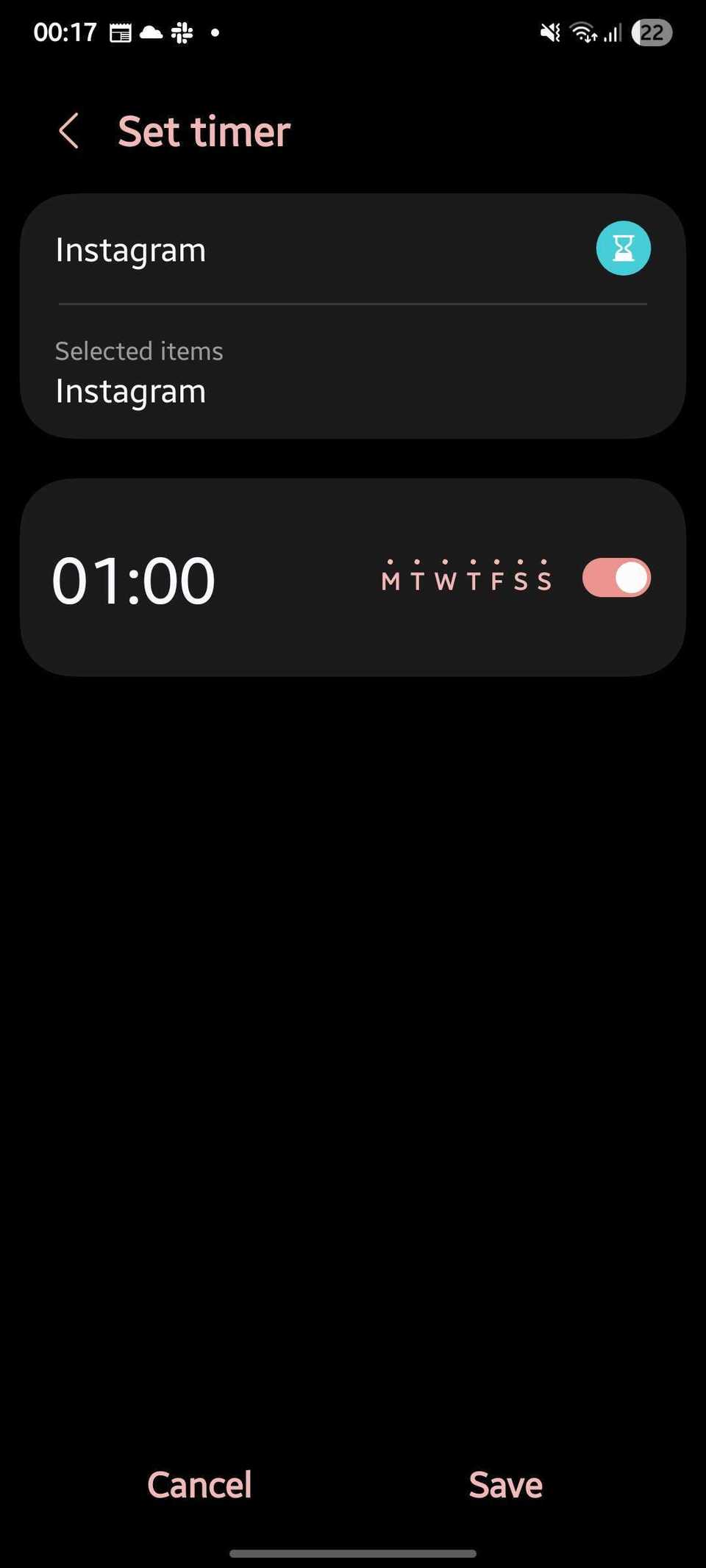 Screenshot che mostra Instagram nell'impostazione dei timer dell'app