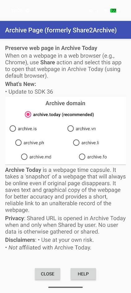 schermata iniziale dell'app della pagina di archivio