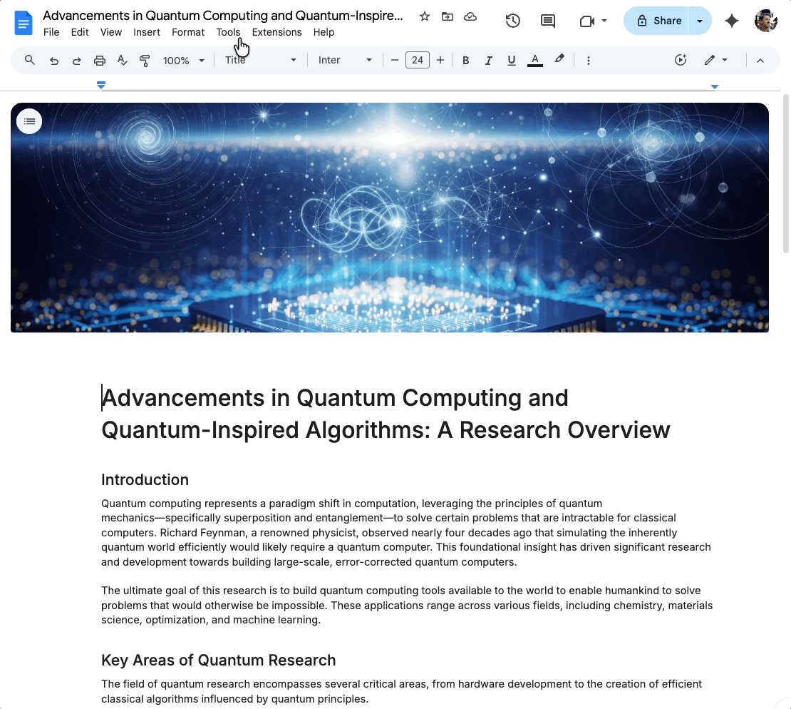 Immagine che mostra una demo del funzionamento del riepilogo audio su Google Documenti