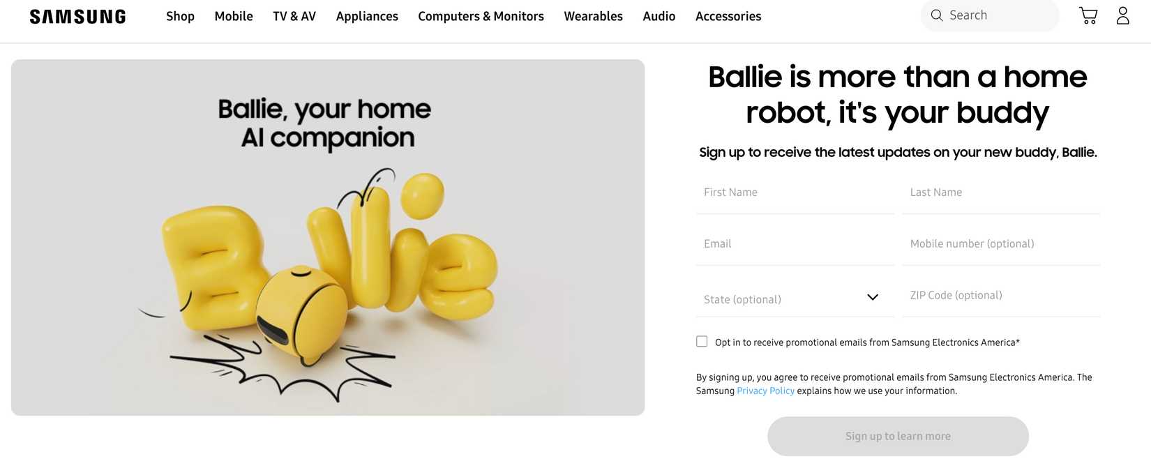 An image highlighting the Ballie sign up page from Wayback Machine.