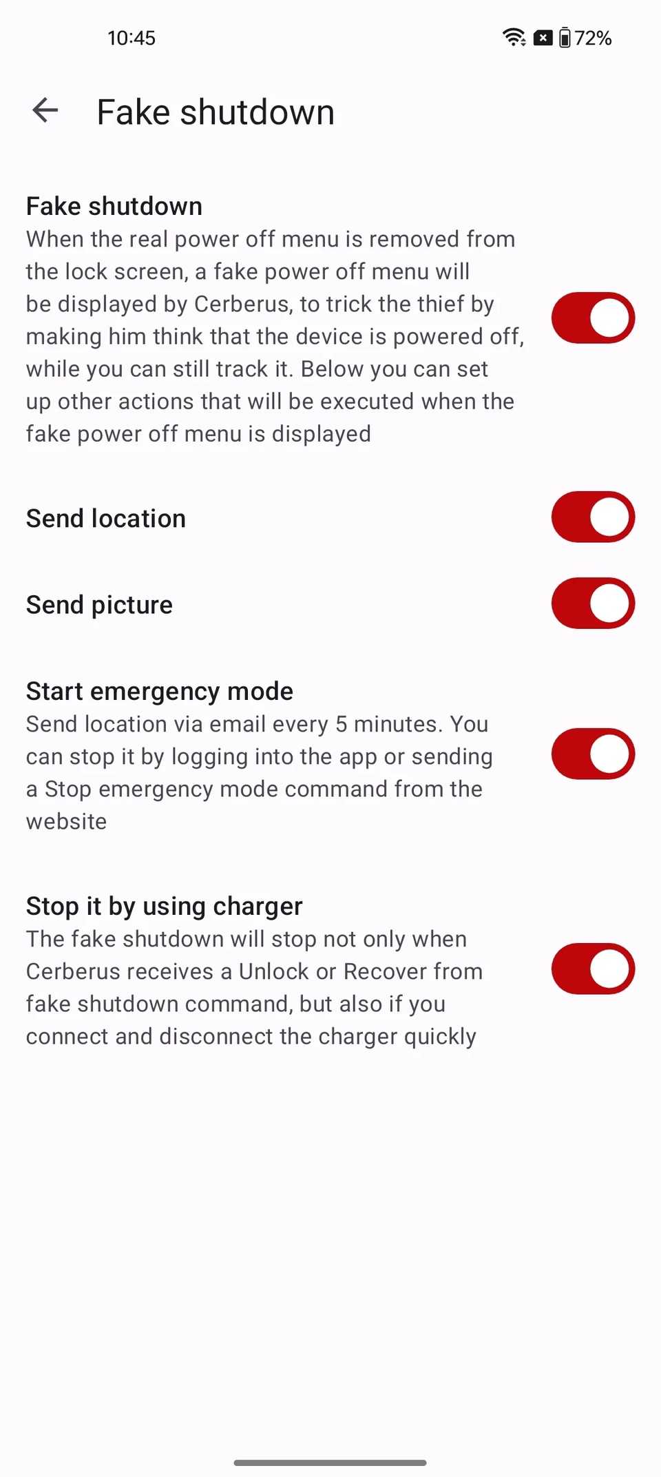 Screenshot che mostra l'interfaccia dell'app Cerberus