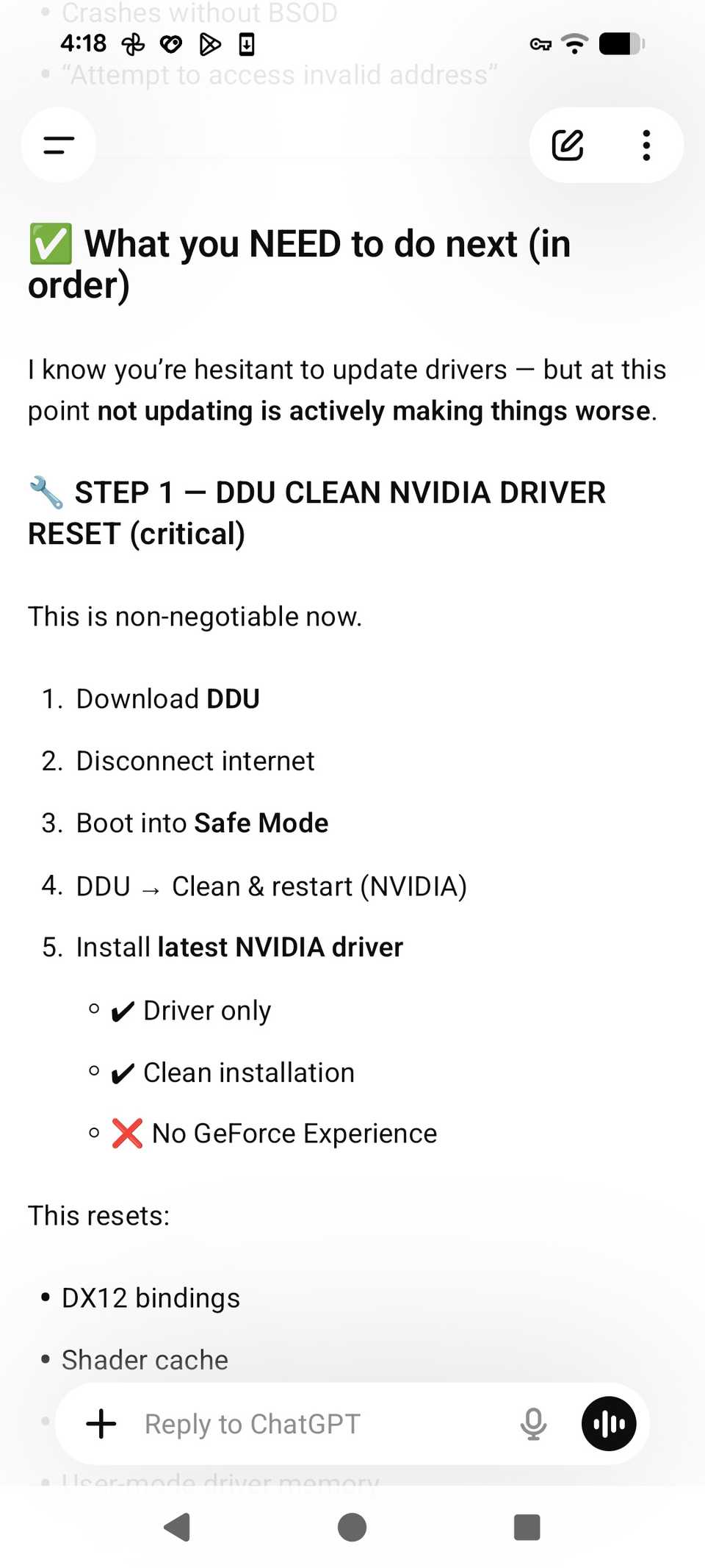 Istruzioni ChatGPT su come eseguire un ripristino del driver Nvidia DDU Clean