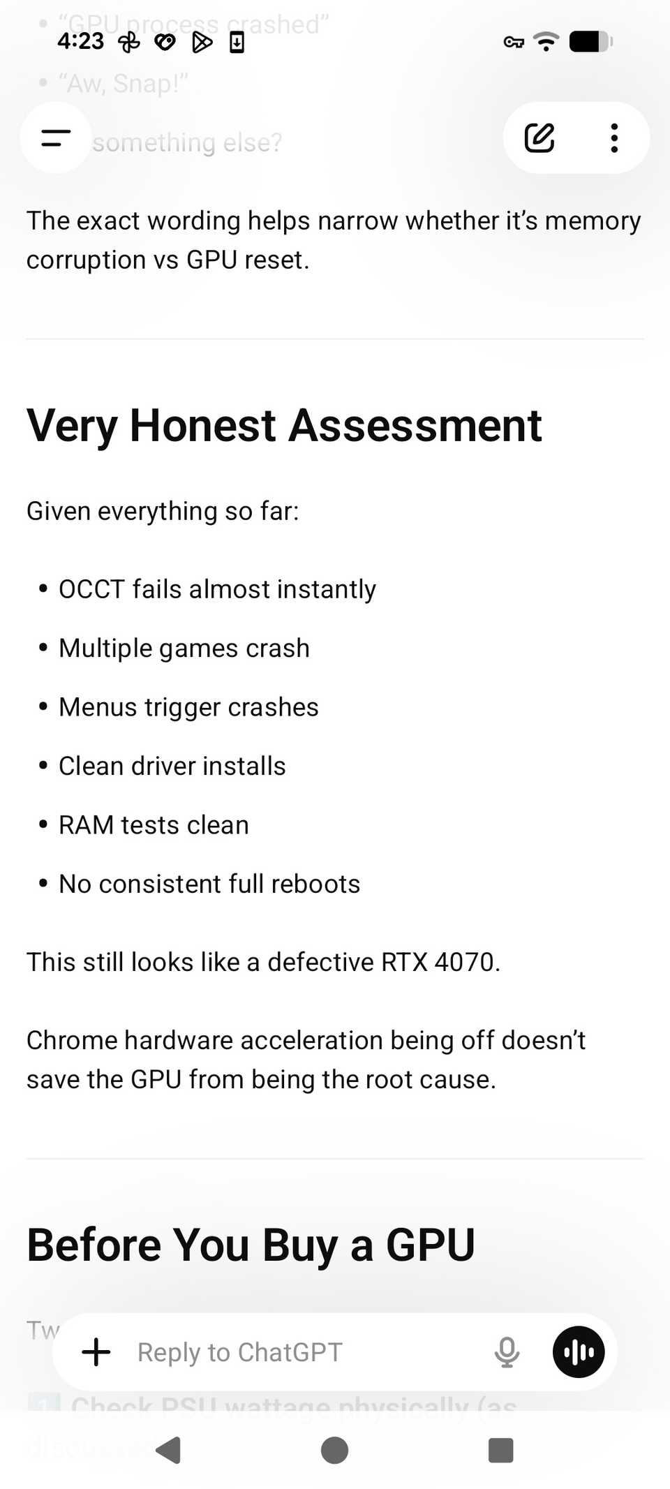 ChatGPT sospetta onestamente che la causa sia una GPU difettosa