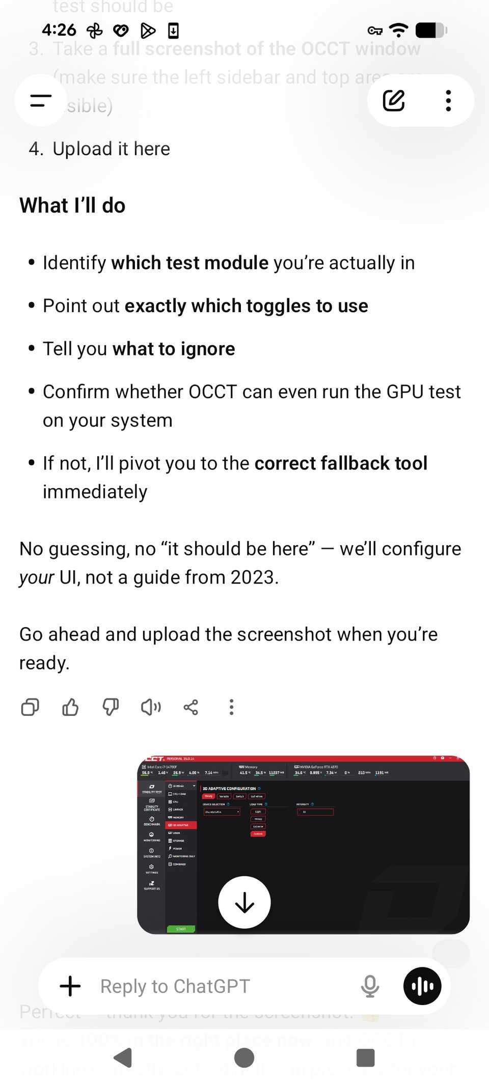 Utilizzo di ChatGPT per caricare la nuova interfaccia utente OCCT per trovare le impostazioni per il test diagnostico