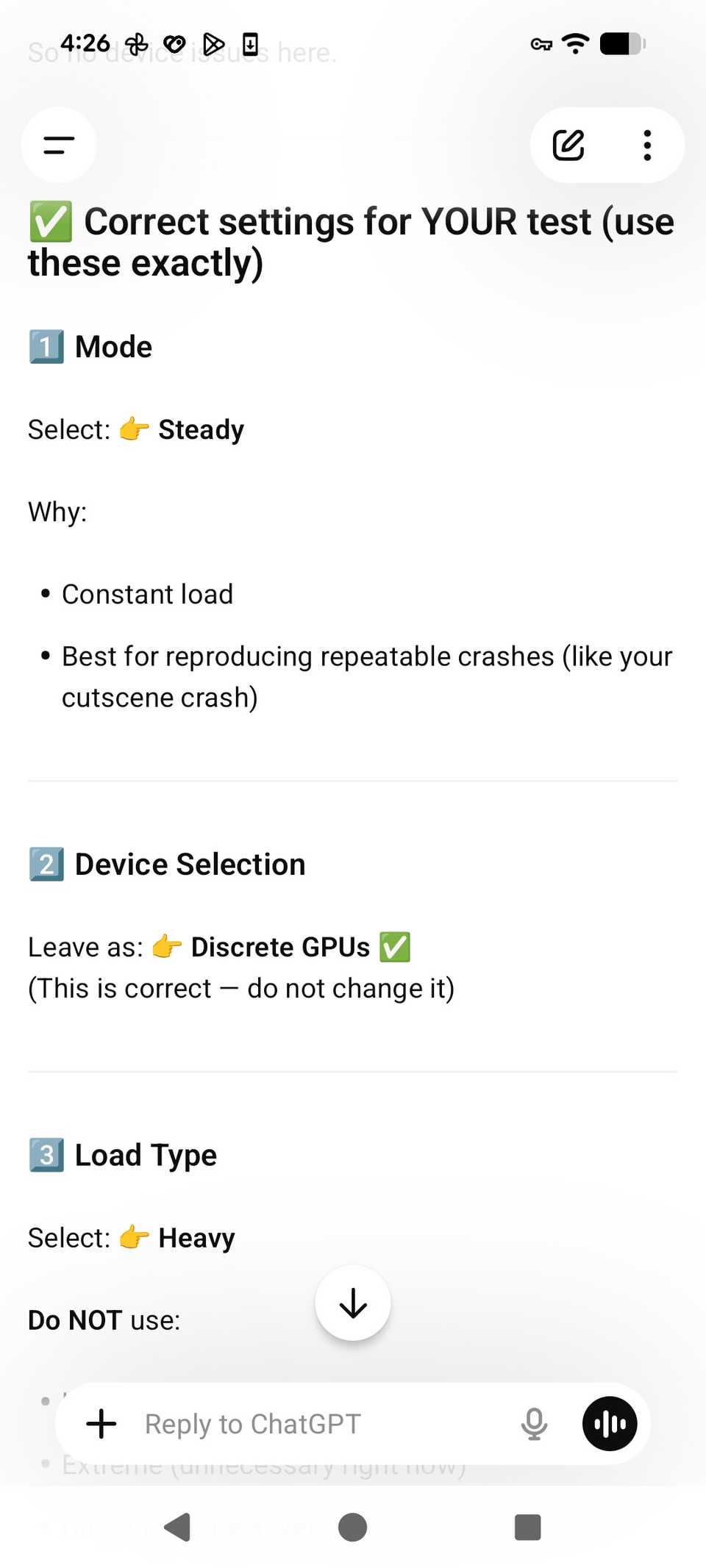 Impostazioni consigliate da ChatGPT basate sullo screenshot di OCCT