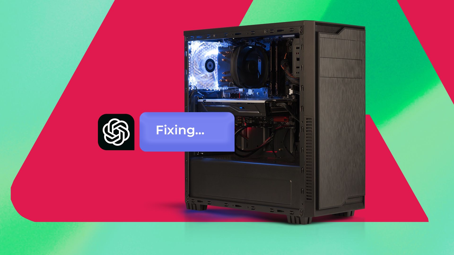 Una torre nera per PC da gioco con il logo ChatGPT e un fumetto con il messaggio 