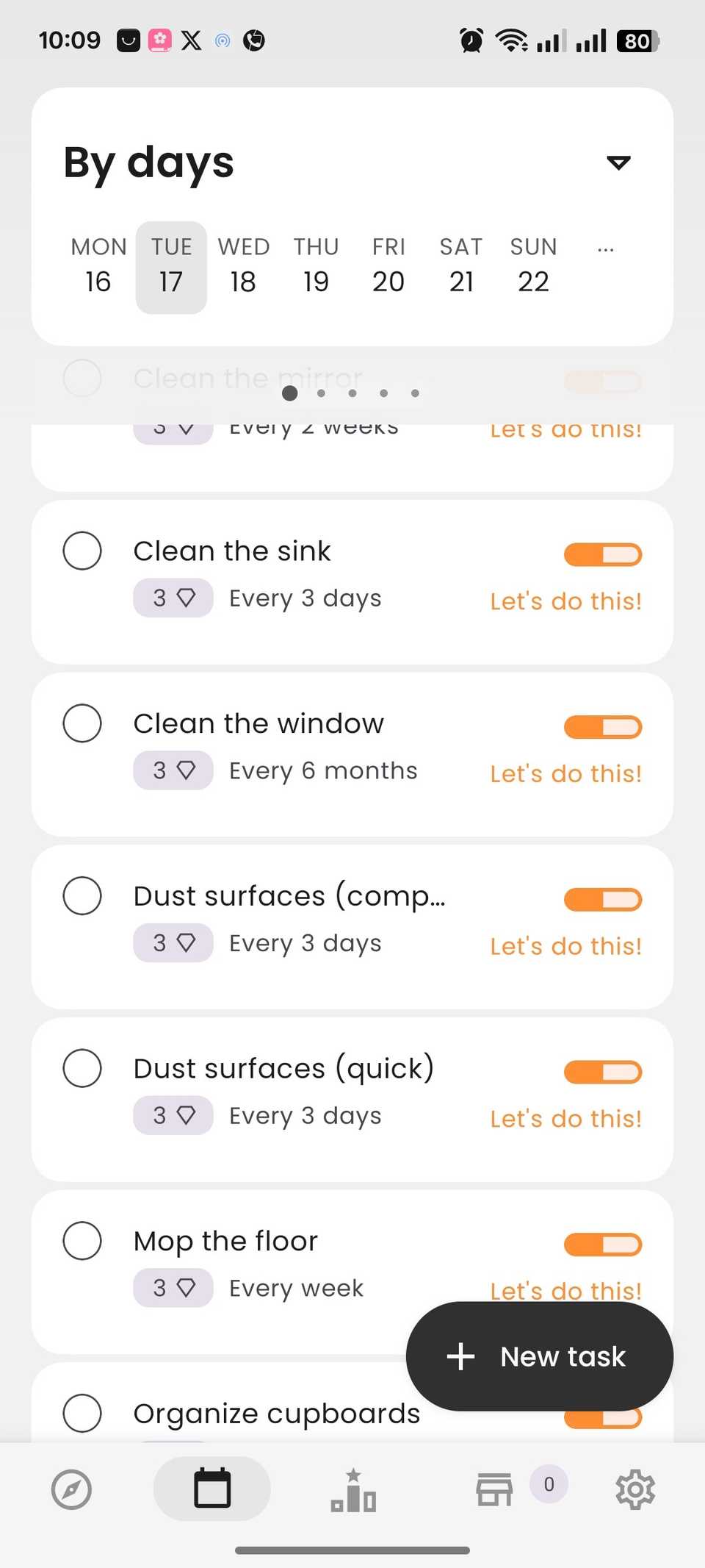 Diverse faccende domestiche elencate nell'app Housy