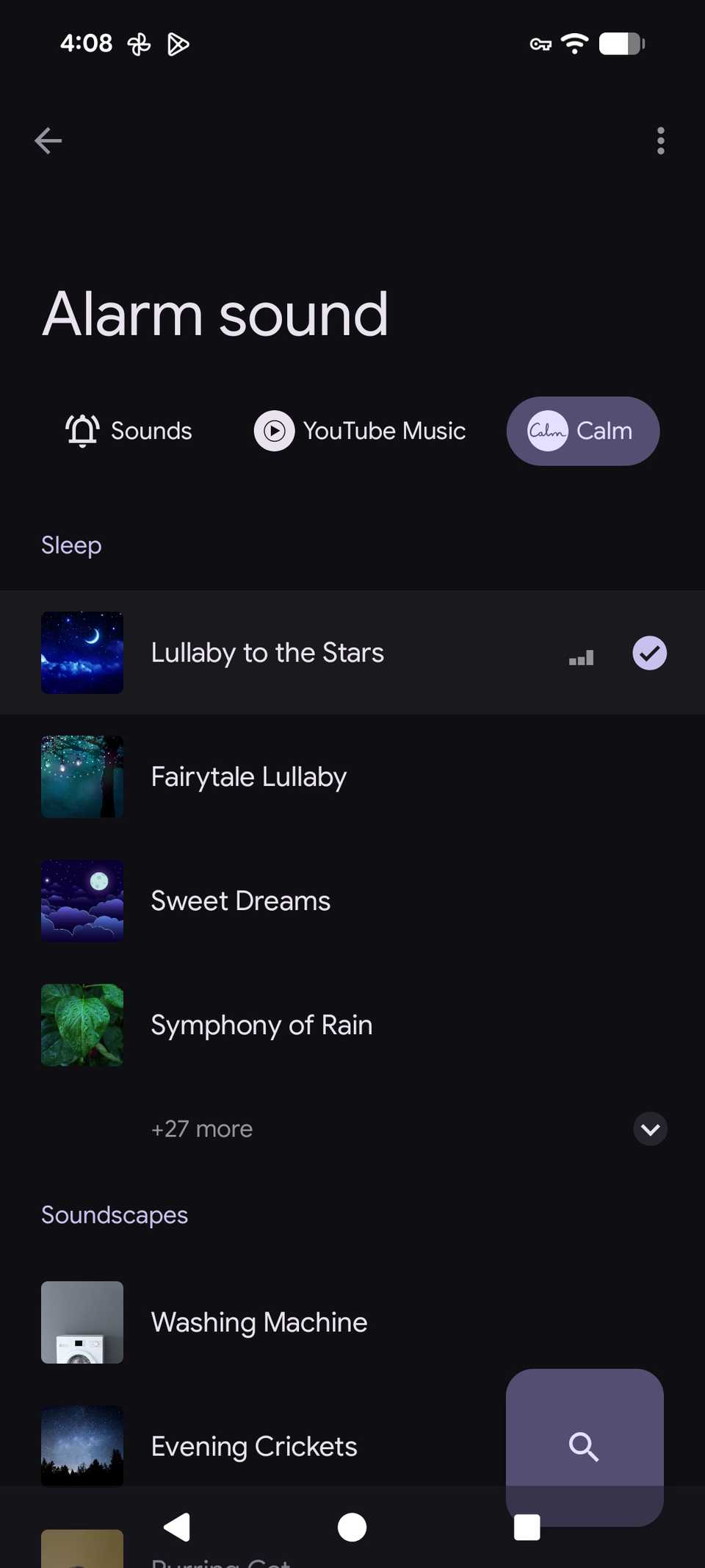 Selezione di un suono rilassante per la sveglia all'alba nell'app Orologio utilizzando Calm