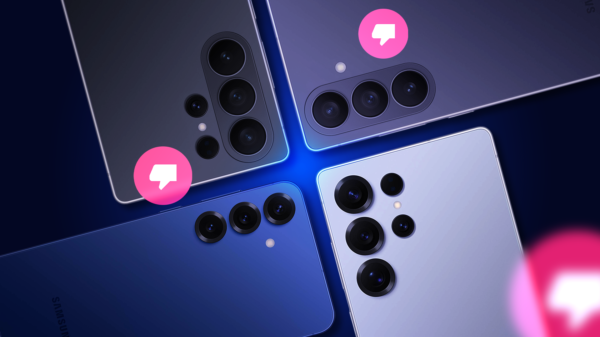 Confronto tra i dorsi dei Galaxy S25 e S26, con in evidenza l'obiettivo della fotocamera, sovrapposto alle icone del pollice verso.