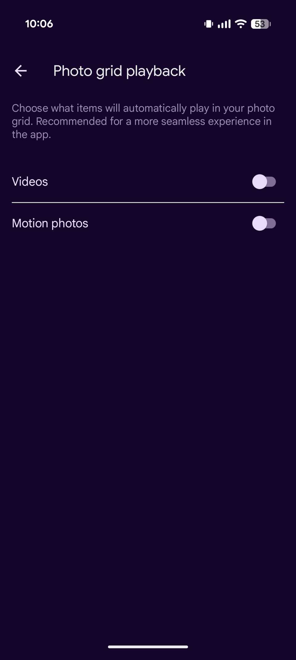 Impostazioni di riproduzione della griglia di foto di Google Foto per video e foto in movimento