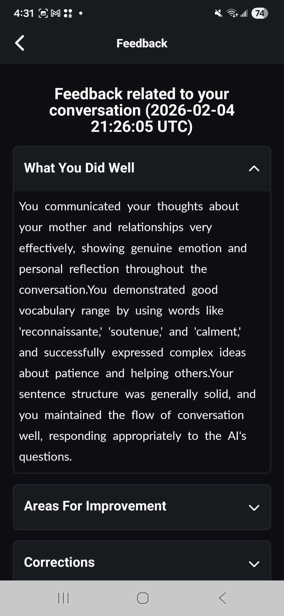 il rapporto di feedback inizia sull'app languatalk su ciò che hai fatto bene