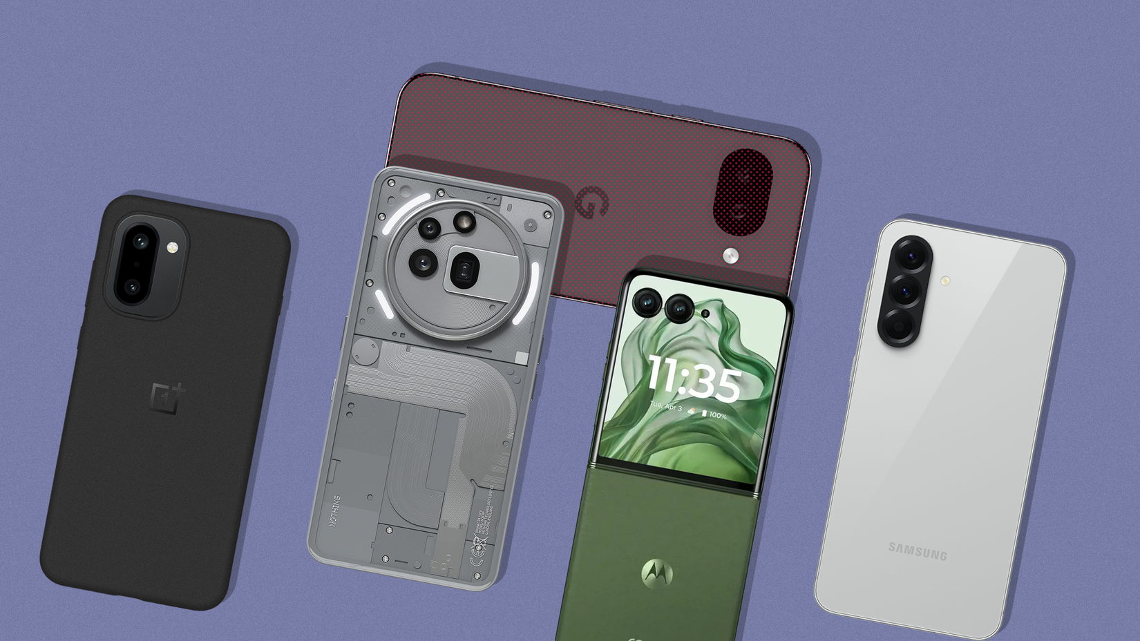 Five smartphones from Google, Samsung, OnePlus, Nothing, and Motorola arranged on a blue background.