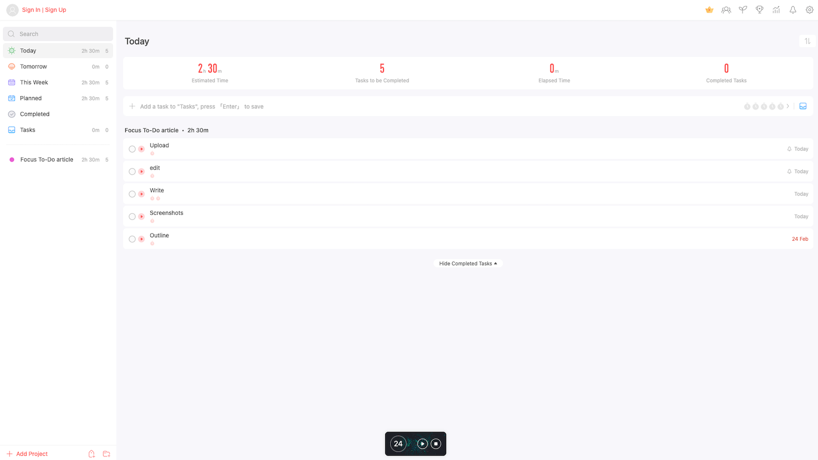 L'estensione Focus To-Do per Chrome che mostra varie attività e quanto tempo impiegheranno