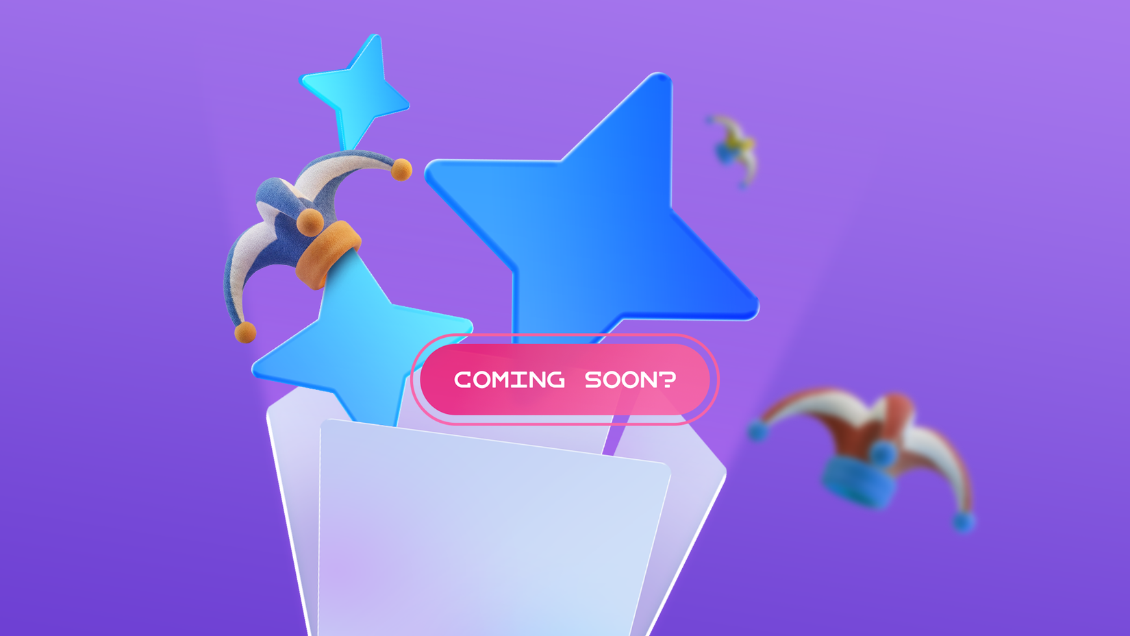 Ícones Galaxy AI e chapéus de bobo flutuando em torno de um botão 'EM BREVE' em um fundo roxo