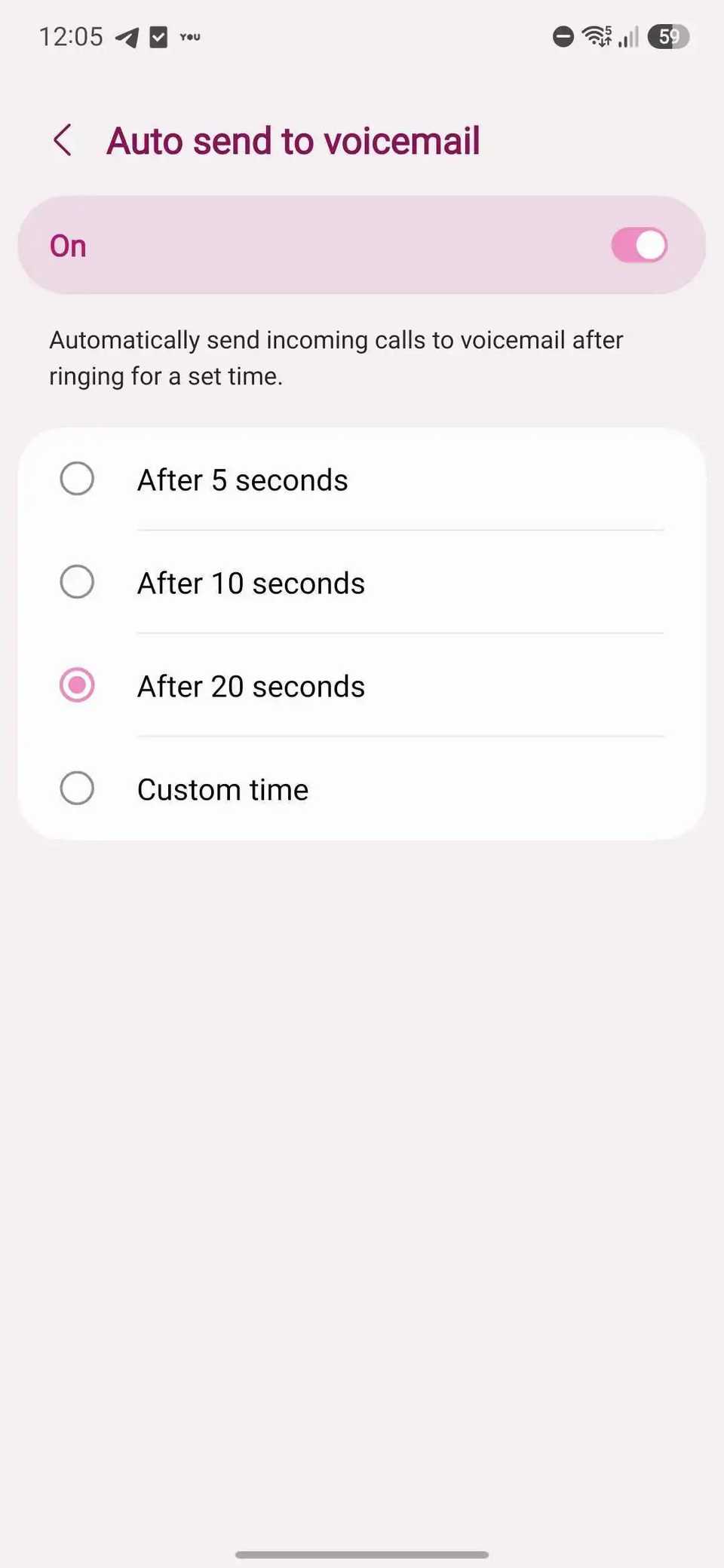 La pagina delle impostazioni di temporizzazione della segreteria telefonica diretta nella versione beta di One UI 8.5.