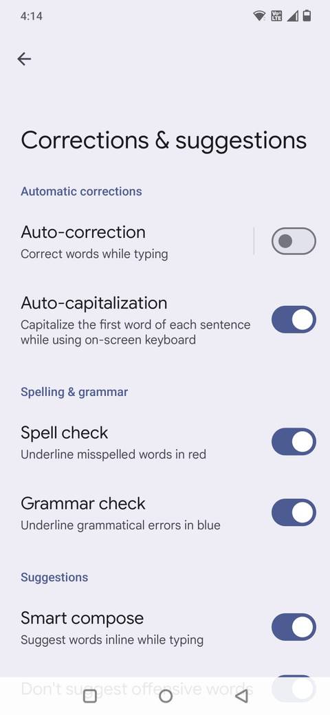 Screenshot che mostra l'opzione di correzione automatica nelle impostazioni di Gboard
